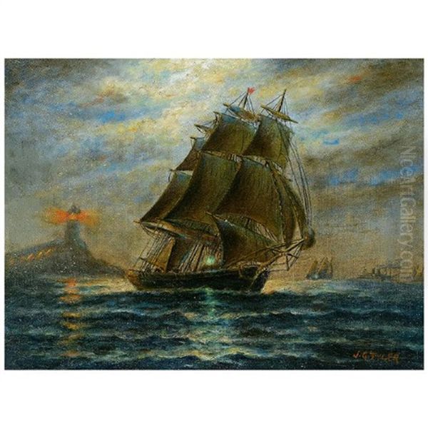 Three Mast Ship With Lighthouse At Night Oil Painting by James Gale Tyler