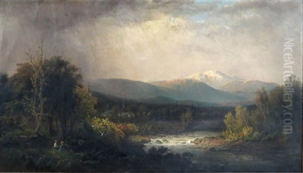 Landscape With Couple By A River, Distant Mountains Oil Painting by William Tyler