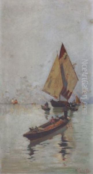 Gondolas And Boat In The Sea Oil Painting by Nicolaos Xydias Typaldos