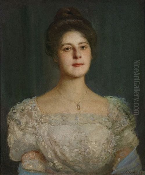 Portrait Einer Jungen Frau Im Herrschaftlichen Weisen Spitzenkleid Oil Painting by Georg Tyrahn