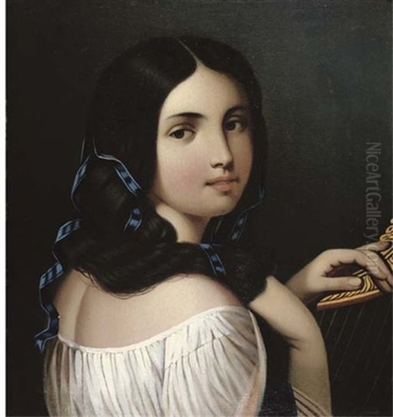 A Young Beauty At Her Harp Oil Painting by Alexei Vassileivich Tyranoviev