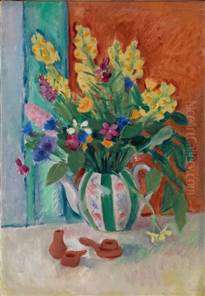 Still Life With Wildflowers In A Teapot And Clay Toys Oil Painting by Nikolai Andreevich Tyrsa