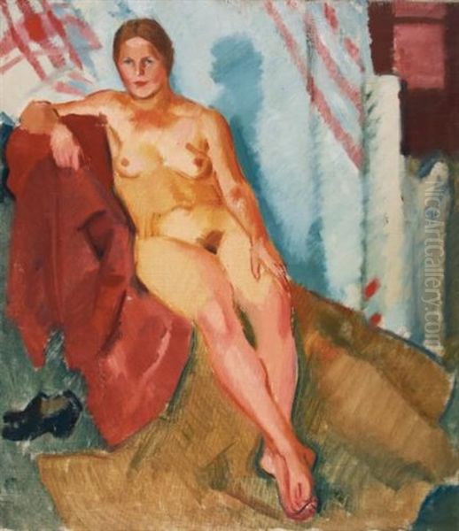 Model On A Red Textile Oil Painting by Nikolai Andreevich Tyrsa