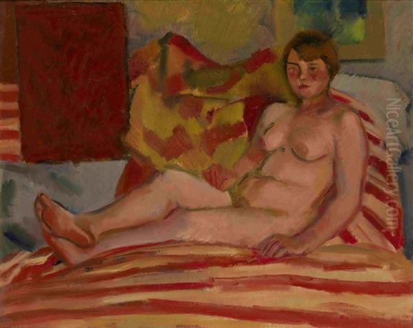 Nude On Striped Fabric Oil Painting by Nikolai Andreevich Tyrsa