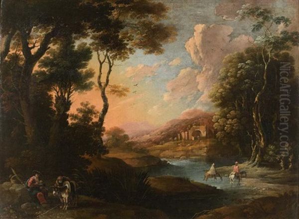 Paysage Au Soleil Couchant Avec Le Repos De La Sainte Famille Oil Painting by August Tyssens