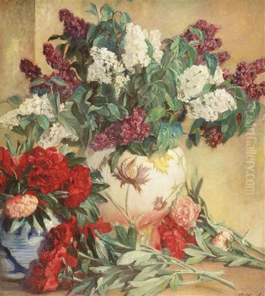 Lilacs And Peonies In A Vase Oil Painting by Jean C. Ubaghs