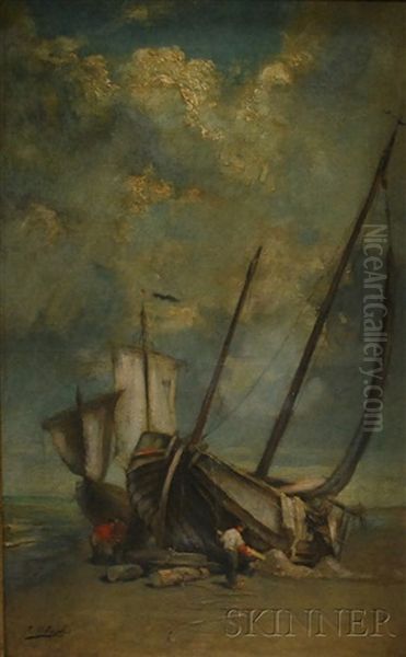 Two Sailing Vessels On The Sand Oil Painting by Jean C. Ubaghs