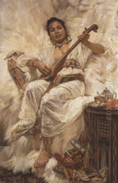 An Oriental Woman Playing The Mandolin Oil Painting by Jean C. Ubaghs