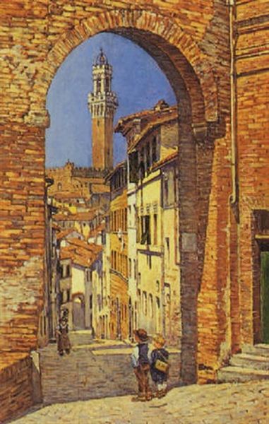 Scorcio Di Siena Con Bambini Oil Painting by Romolo Ubertalli