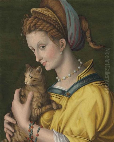 Portrait Of A Young Lady Holding A Cat Oil Painting by Antonio d' Ubertino Verdi