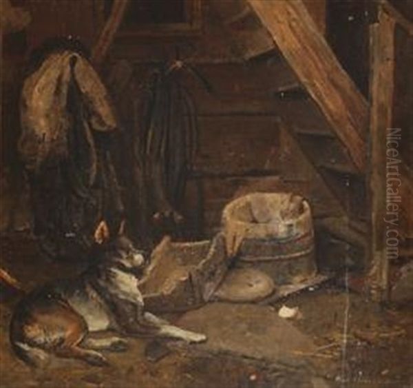 Interior Med Hund Oil Painting by Karl Kristian Uchermann