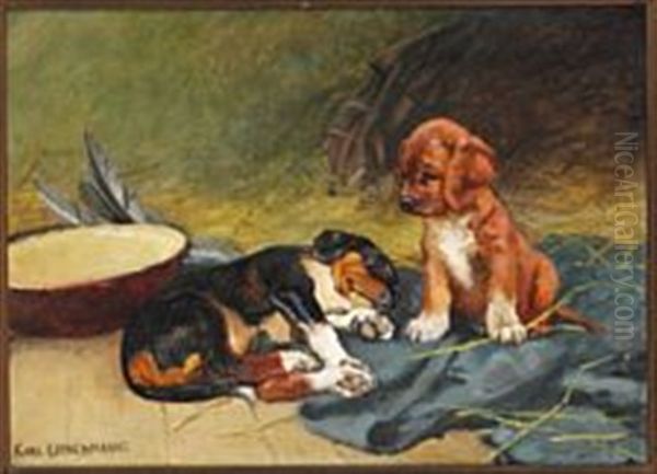 Two Small Puppies Oil Painting by Karl Kristian Uchermann