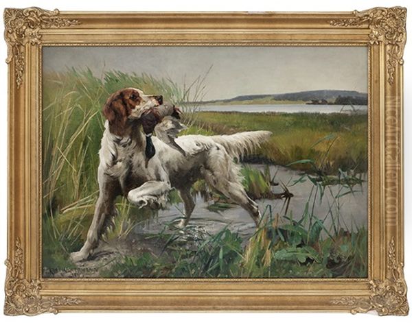 Engelsk Setter Med Stokkand I Munnen Oil Painting by Karl Kristian Uchermann