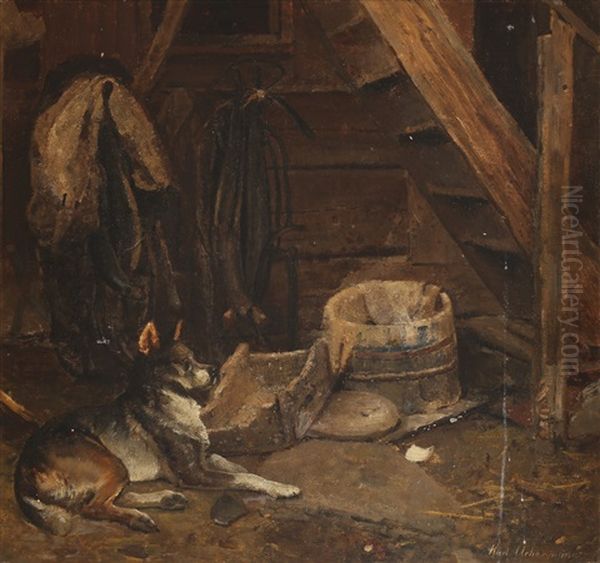 Interior Med Hund Oil Painting by Karl Kristian Uchermann