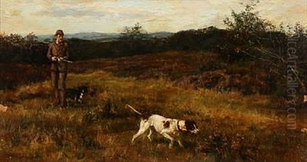 Norwegian Landscape With A Hunter With His Dog Oil Painting by Karl Kristian Uchermann