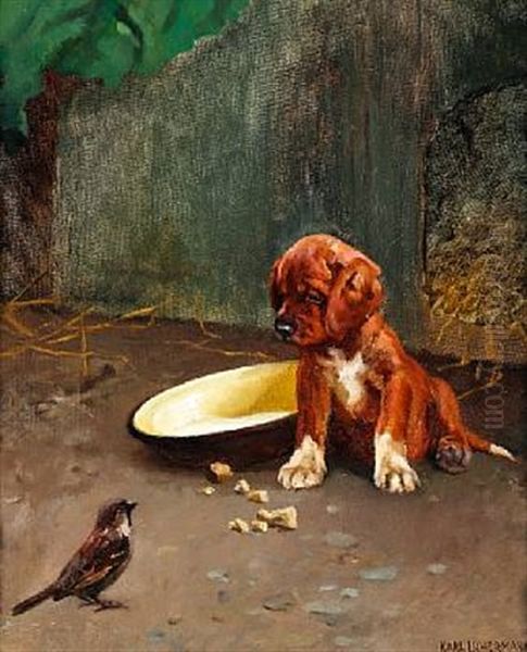 A Puppy And A Sparrow Oil Painting by Karl Kristian Uchermann