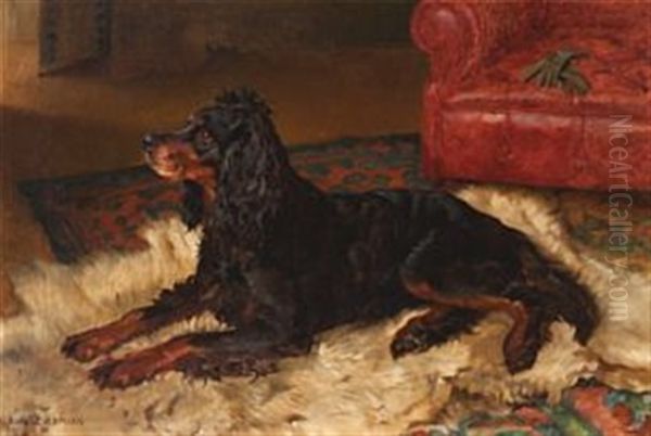 Gordonsetter Hviler Pa Isbjornskinn Oil Painting by Karl Kristian Uchermann