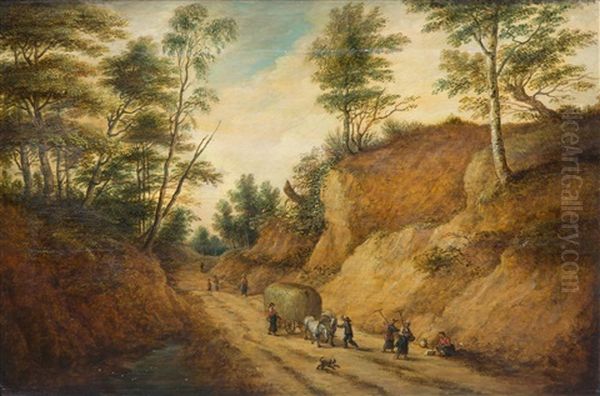 A Hilly Landscape With Peasants And A Hay Wain Oil Painting by Lucas Van Uden