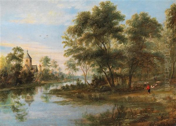 A Wooded River Landscape With A Shepherd Oil Painting by Lucas Van Uden