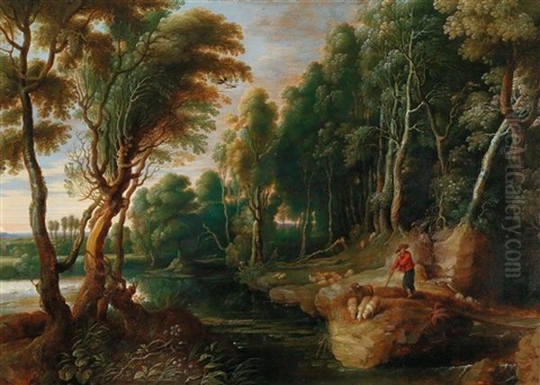 A Wooded Landscape With A Shepherd And His Flock At A Well Oil Painting by Lucas Van Uden