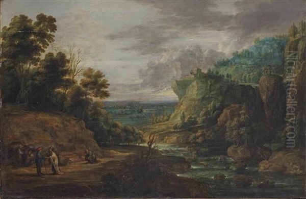 An Extensive Mountainous Landscape With A Fortune Teller And Other Figures On A River Bank Oil Painting by Lucas Van Uden