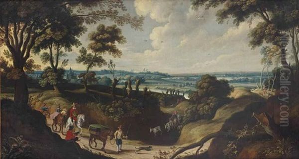 An Extensive Landscape With Travellers On A Sandy Path Oil Painting by Lucas Van Uden