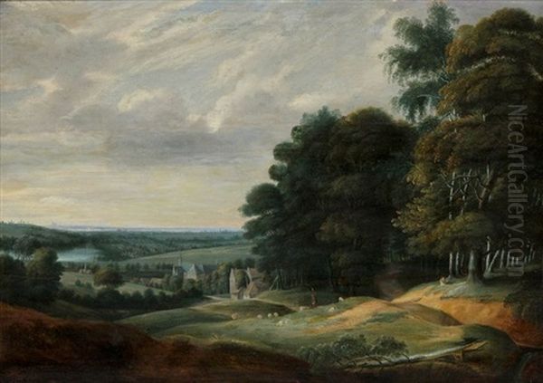 Vast Landscape At The Fringe Of The Wood With Church And Houses Oil Painting by Lucas Van Uden