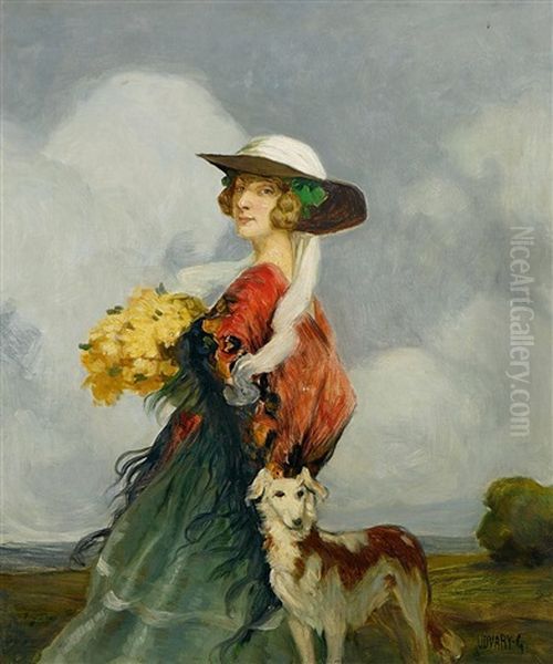 Bildnis Einer Dame Mit Hund Oil Painting by Geza Udvary