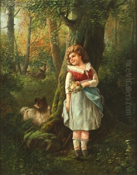 Little Girl Holding Flowers With A Dog In A Forest Interior Oil Painting by Fritz von Uhde