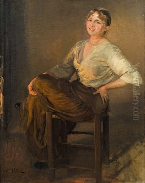 Lachendes Madchen (am Herdfeuer) Oil Painting by Fritz von Uhde