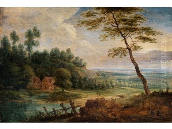 Hugelige Landschaft Mit Gehoften Zwischen Baumen Und Figurenstaffage Oil Painting by Lucas van Uhden