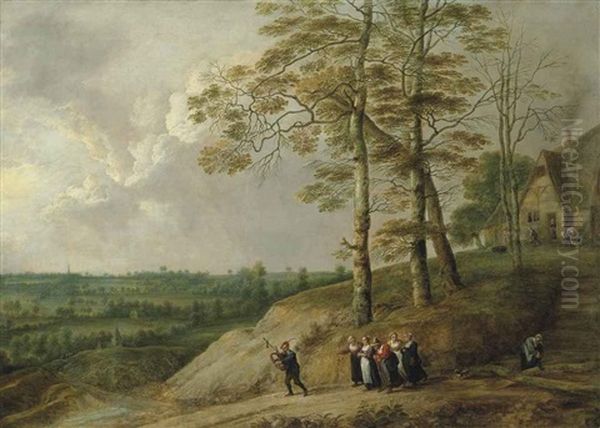 An Extensive Landscape With A Bagpiper And Other Figures On A Path, A Farmhouse Beyond Oil Painting by Lucas van Uhden