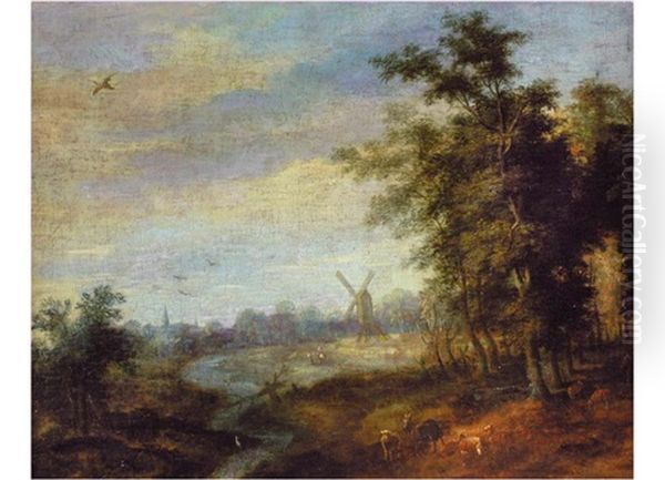 Landschaft Mit Muhle Und Tierstaffage Oil Painting by Lucas van Uhden