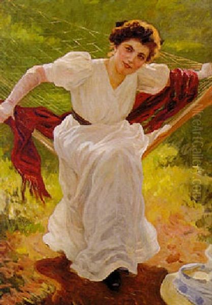 Portrait Of A Lady In A White Dress Oil Painting by Louis Uhl