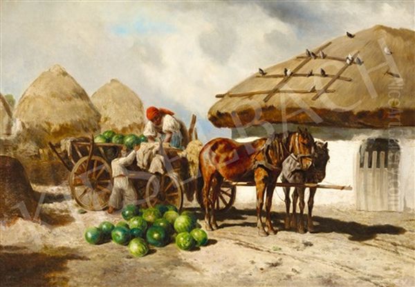 After Melone Harvest Oil Painting by Ferenc (Franz) Ujhazy