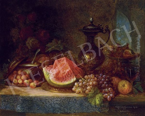 Still-life With Grapes, Fruits And Wine Jug Oil Painting by Ferenc (Franz) Ujhazy