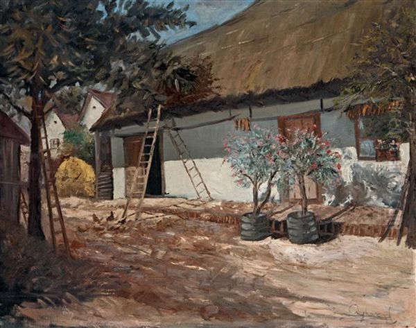 Court With Oleanders Oil Painting by Ferenc (Franz) Ujhazy