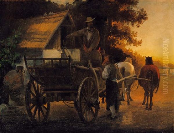 Utazo A Fogado Elott (traveller In Front Of The Inn) Oil Painting by Ferenc (Franz) Ujhazy