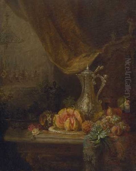 Fruchtestillleben Mit Silberkanne Oil Painting by Ferenc (Franz) Ujhazy