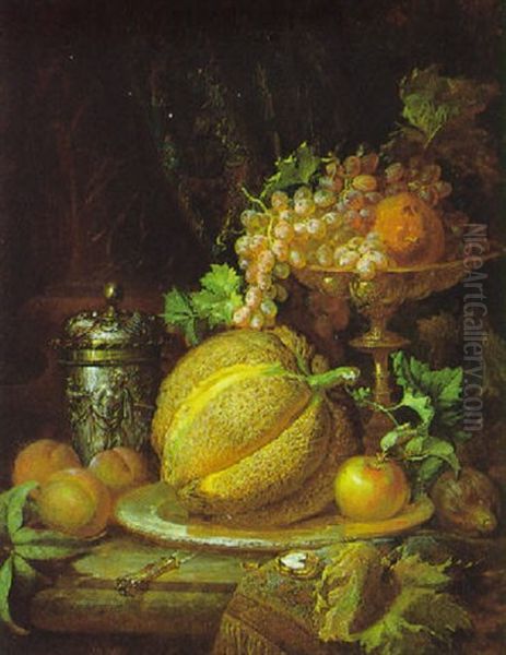 Stilleben Mit Obst Und Silber Oil Painting by Ferenc (Franz) Ujhazy