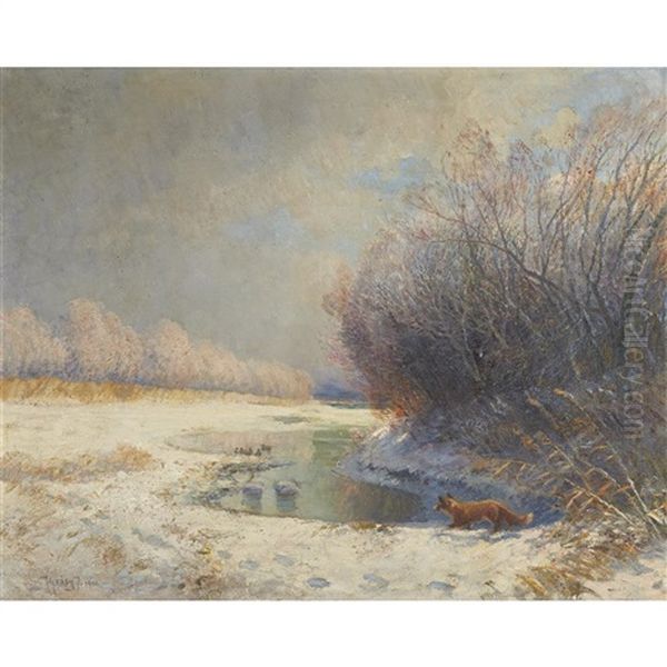 Snowy Landscape With Fox by Ignac Ujvary