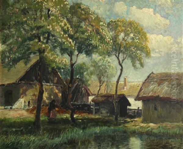 Farm Buildings With A Figure By A Pond Oil Painting by Ignac Ujvary