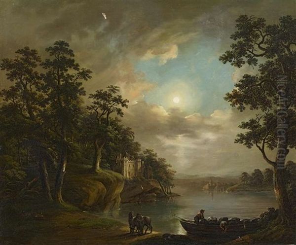 Romantische Vollmondnacht Am See Oil Painting by Johann Philipp Ulbricht