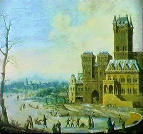 Eisvergnugen In Einer Winterlandschaft Mit Einer Gotischen  Burg Oil Painting by Johann Philipp Ulbricht