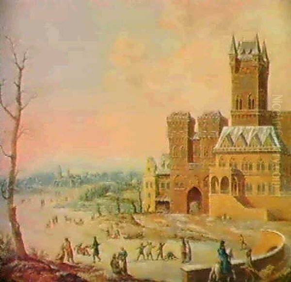 Vinterlandskab Med Skojtelobere Uden For                    Byens Porte (samt Bauer) Oil Painting by Johann Philipp Ulbricht