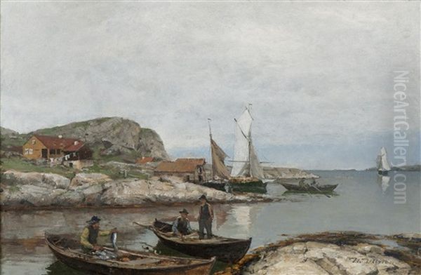 Fiskere I Havn Pa Jaeren Oil Painting by Nicolai Martin Ulfsten