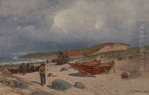 Fiskere Pa Strand Oil Painting by Nicolai Martin Ulfsten