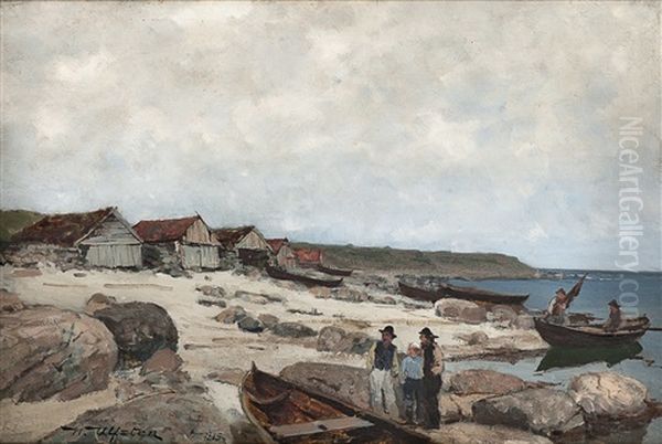 Kystlandskap Med Fiskere, Naust Og Robater Oil Painting by Nicolai Martin Ulfsten