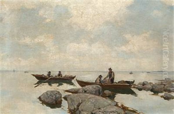 To Robater Med Fiskere Oil Painting by Nicolai Martin Ulfsten