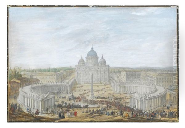 A View Of St Peter's, Rome, With Bystanders Watching A Papal Procession Leaving The Piazza Oil Painting by Jacob Van Der Ulft